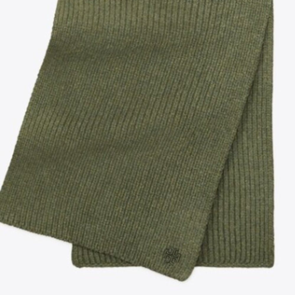 Tory Burch Merino Wool Ribbed Scarf Fern Green Brand New with Tags